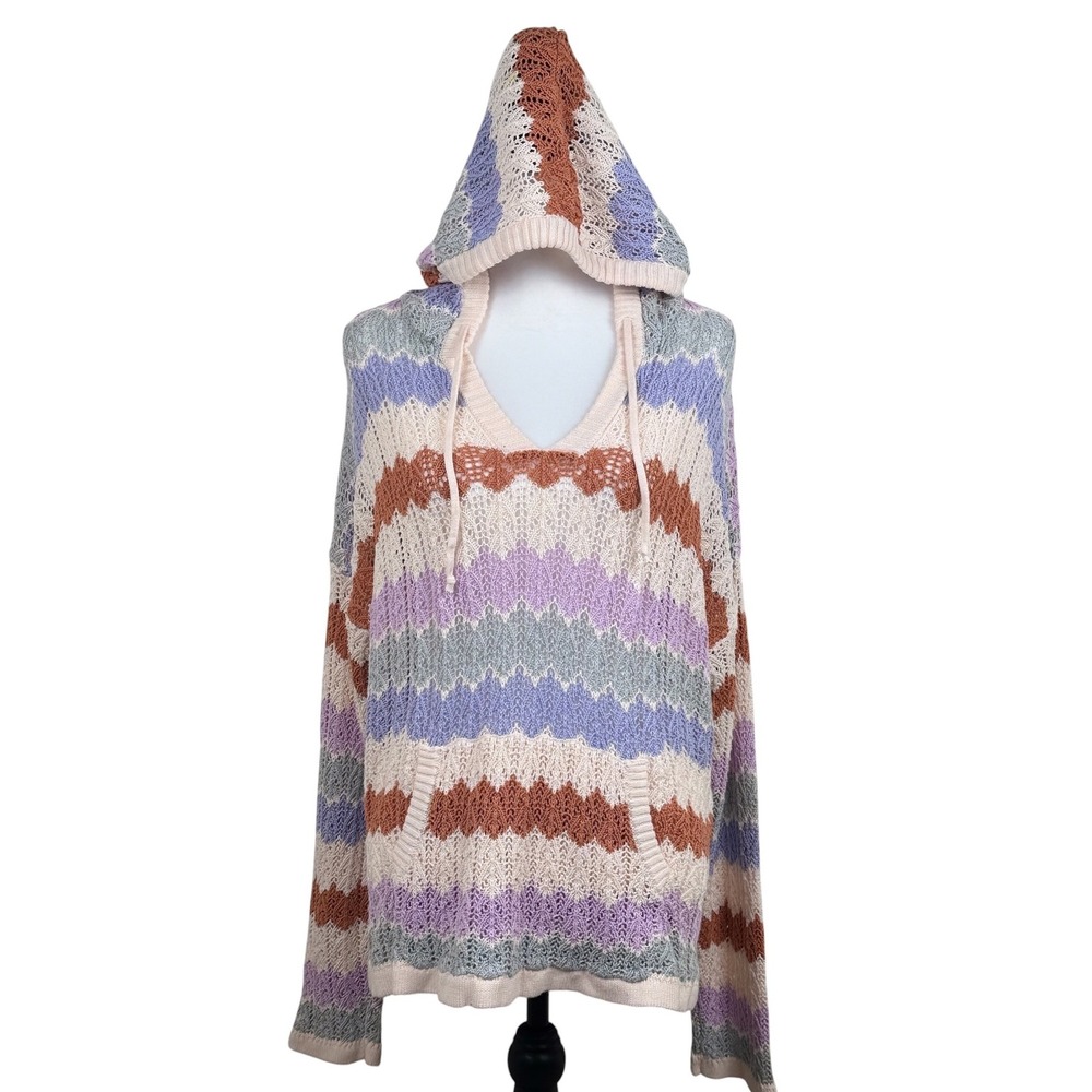 Hem & Thread Oversized Cable Knit Multicolor Long Sleeve Chevron Sweater Top L